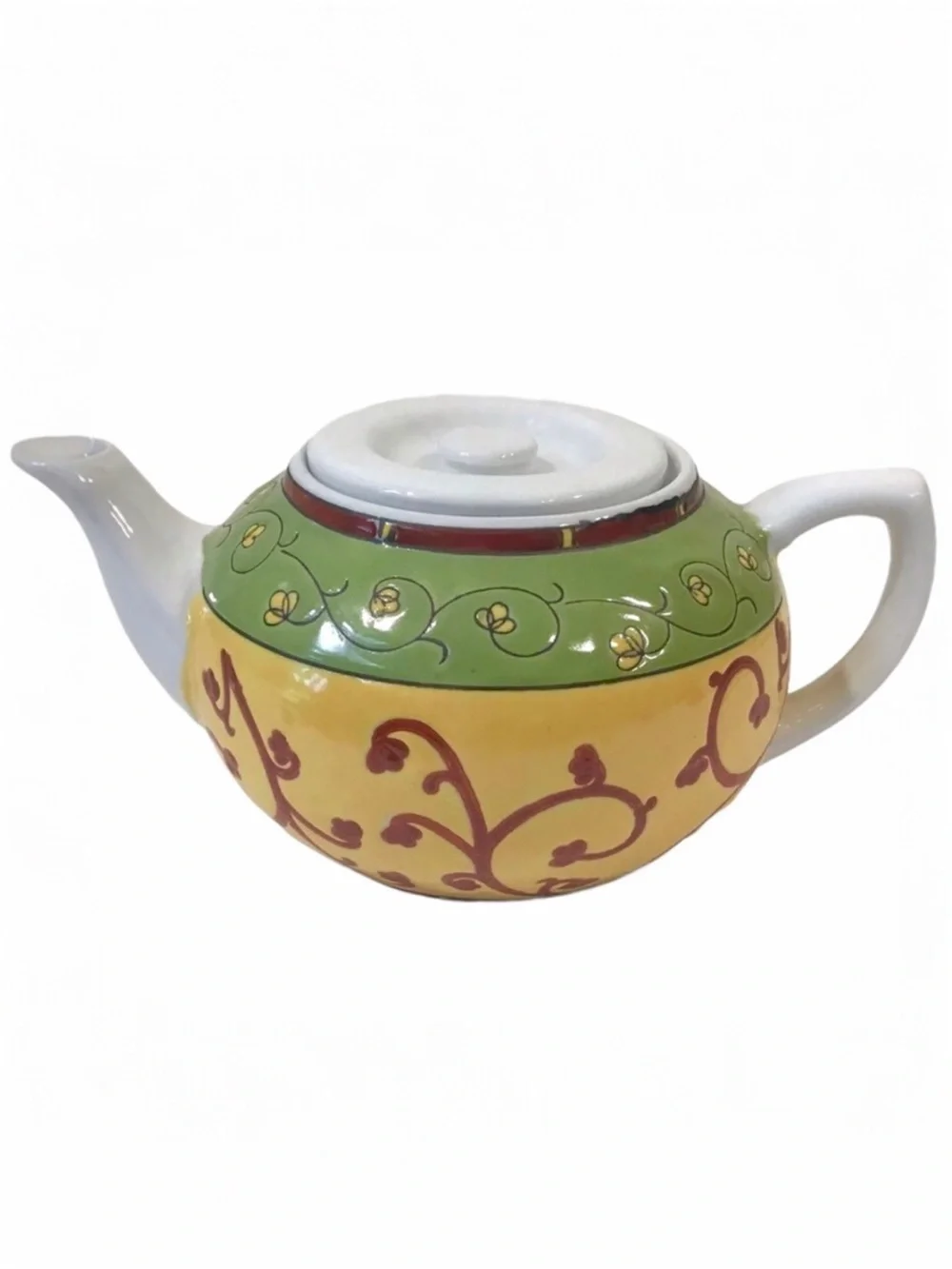 Vintage Pier 1 Porcelain Teapot Hand-Painted Floral Vine Design Green Yellow Red
